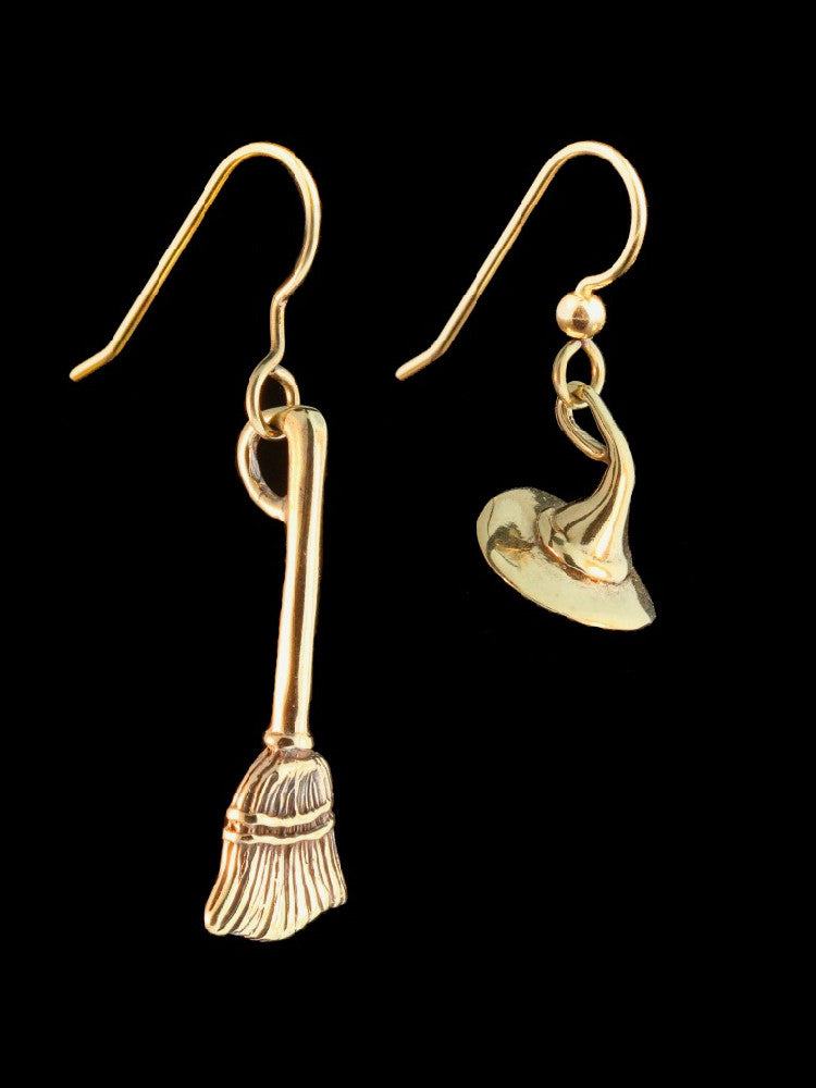 Witch's Hat and Witchs' Broom Stick Earrings - 14K Gold