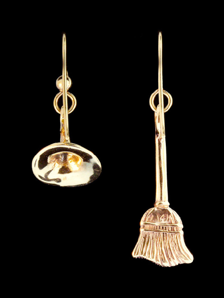 Witch's Hat and Witchs' Broom Stick Earrings - 14K Gold