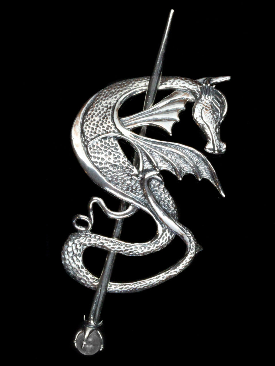 Wyvern Dragon Barrette - Sterling Silver w/ Clear Quartz