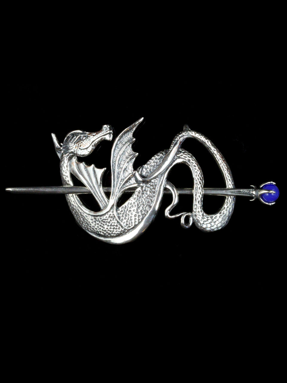 Wyvern Dragon Barrette - Sterling Silver w/ Blue Onyx