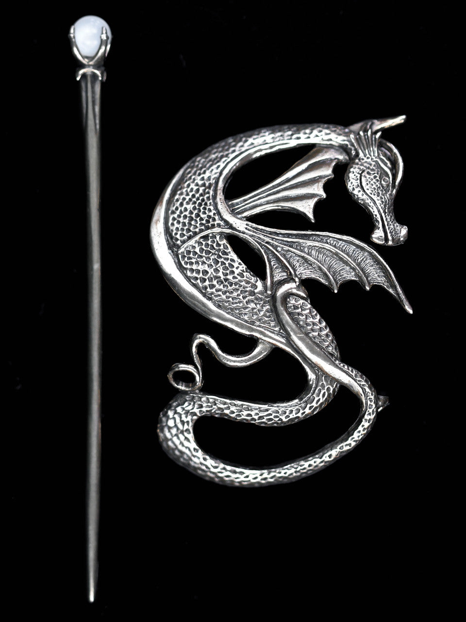 Wyvern Dragon Barrette - Sterling Silver w/Moonstone