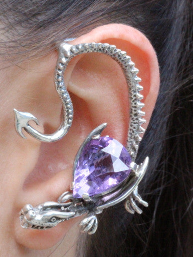 Throne Dragon Ear Wrap with Pear Amethyst - Sterling Silver
