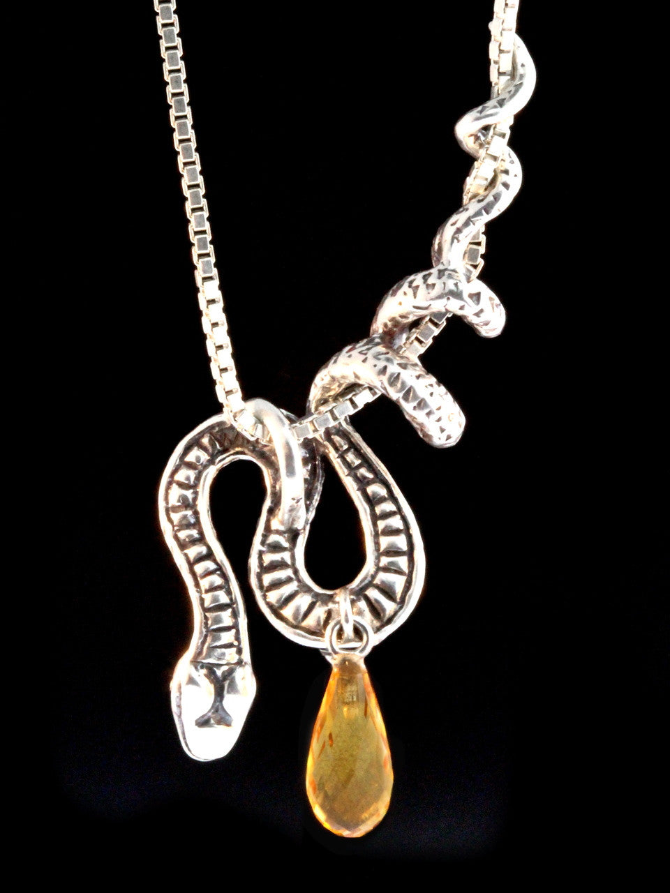 Python Snake Pendant with Citrine Briolette - Sterling Silver