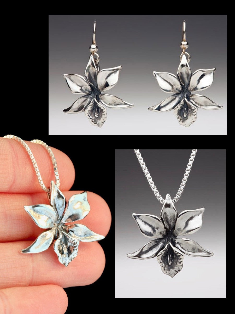 Orchid Jewelry Set - Orchid Necklace and Orchid Earrings - Silver