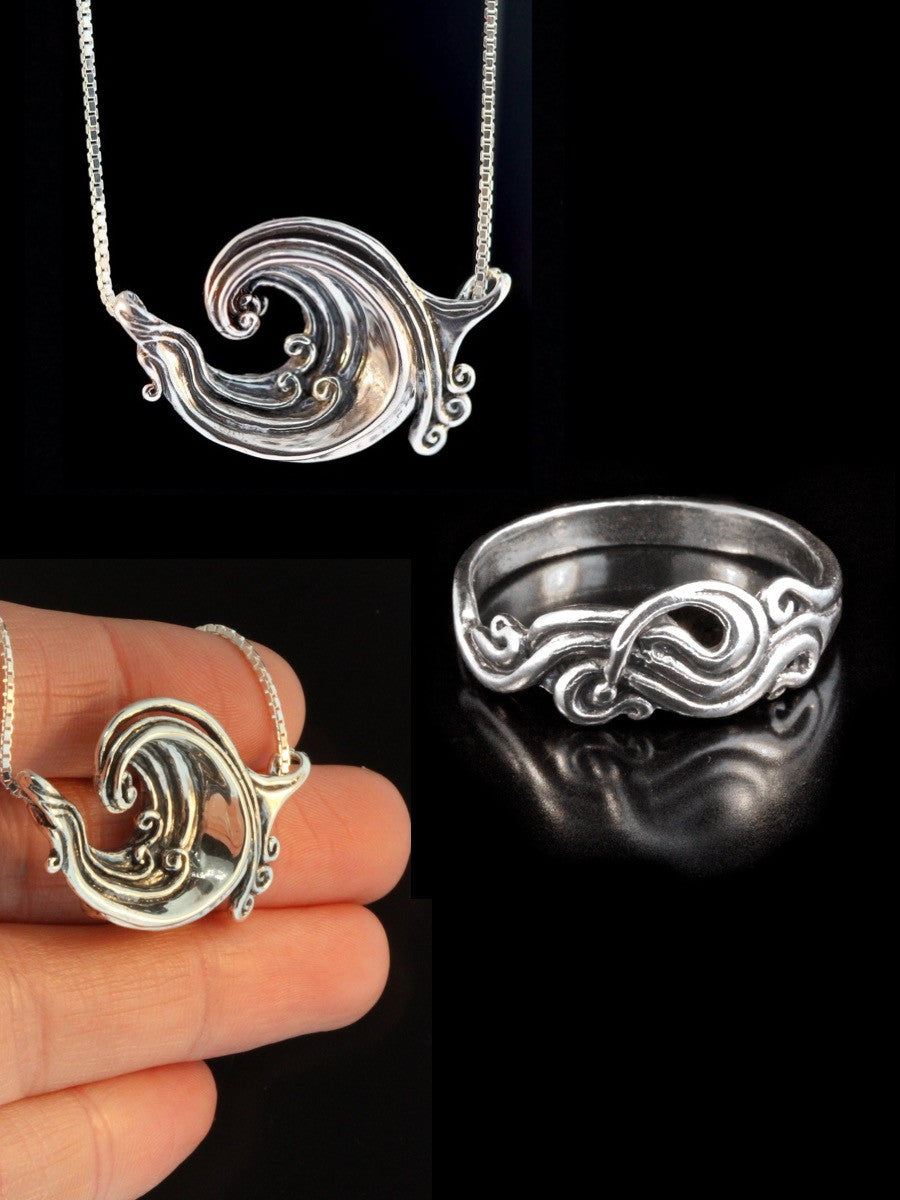 Rip Curl Wave Pendant and Nouveau Swirl Ring jewelry Set - Silver