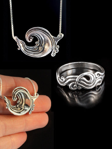 Rip Curl Wave Pendant and Nouveau Swirl Ring jewelry Set - Sterling Silver