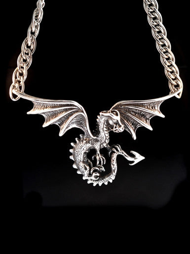 Dragon - Spread Winged Dragon Neckpiece - Silver