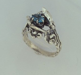 Double Dolphin Ring with Blue Topaz - Sterling Silver