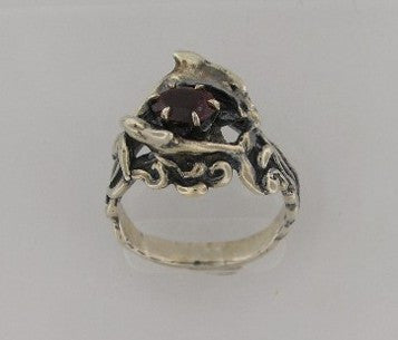 Double Dolphin Ring with Rhodolite Garnet - Sterling Silver