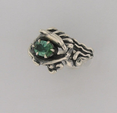 Double Dolphin Ring with Blue Green Tourmaline - Sterling Silver