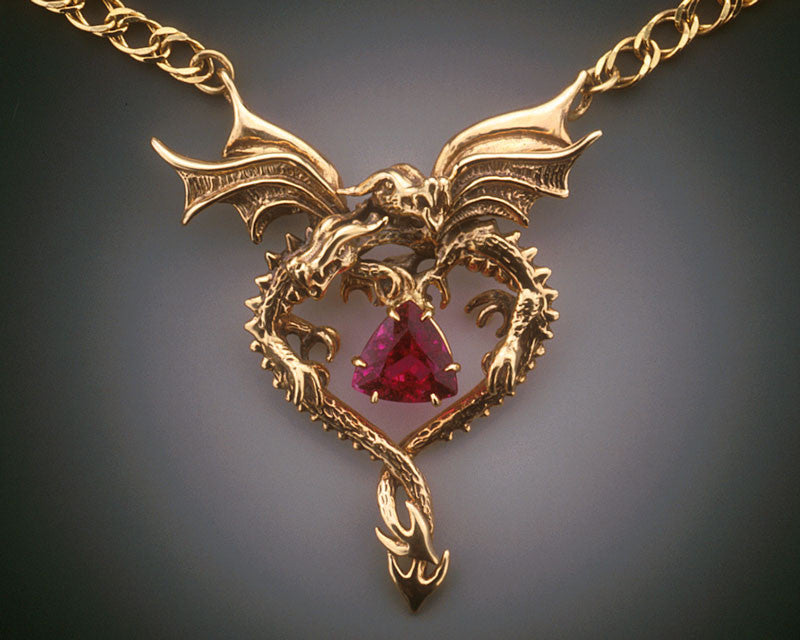 14k gold dragon heart pendant with nigerian rubelite tourmaline