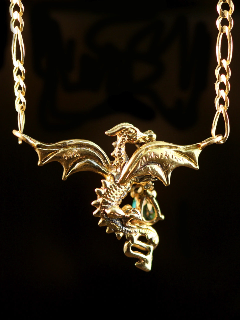 Dragon In Flight Pendant with Green Tourmaline - 14K