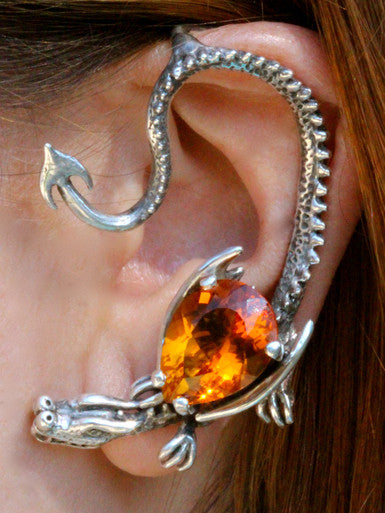Throne Dragon Ear Wrap with Orange Pear Shaped Citrine - Sterling Silver
