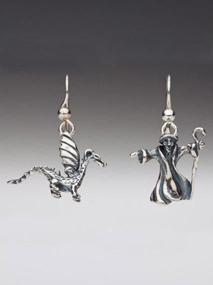 Baby Dragon and Wizard Earrings - Silver