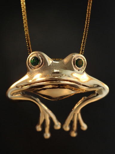 Good Luck Frog Pendant with Tsavorite Eyes  - 14k Gold
