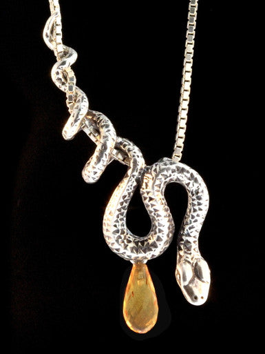 Python Snake Pendant with Citrine Briolette - Sterling Silver