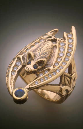 Gold Gothic Bat Ring paved with diamonds