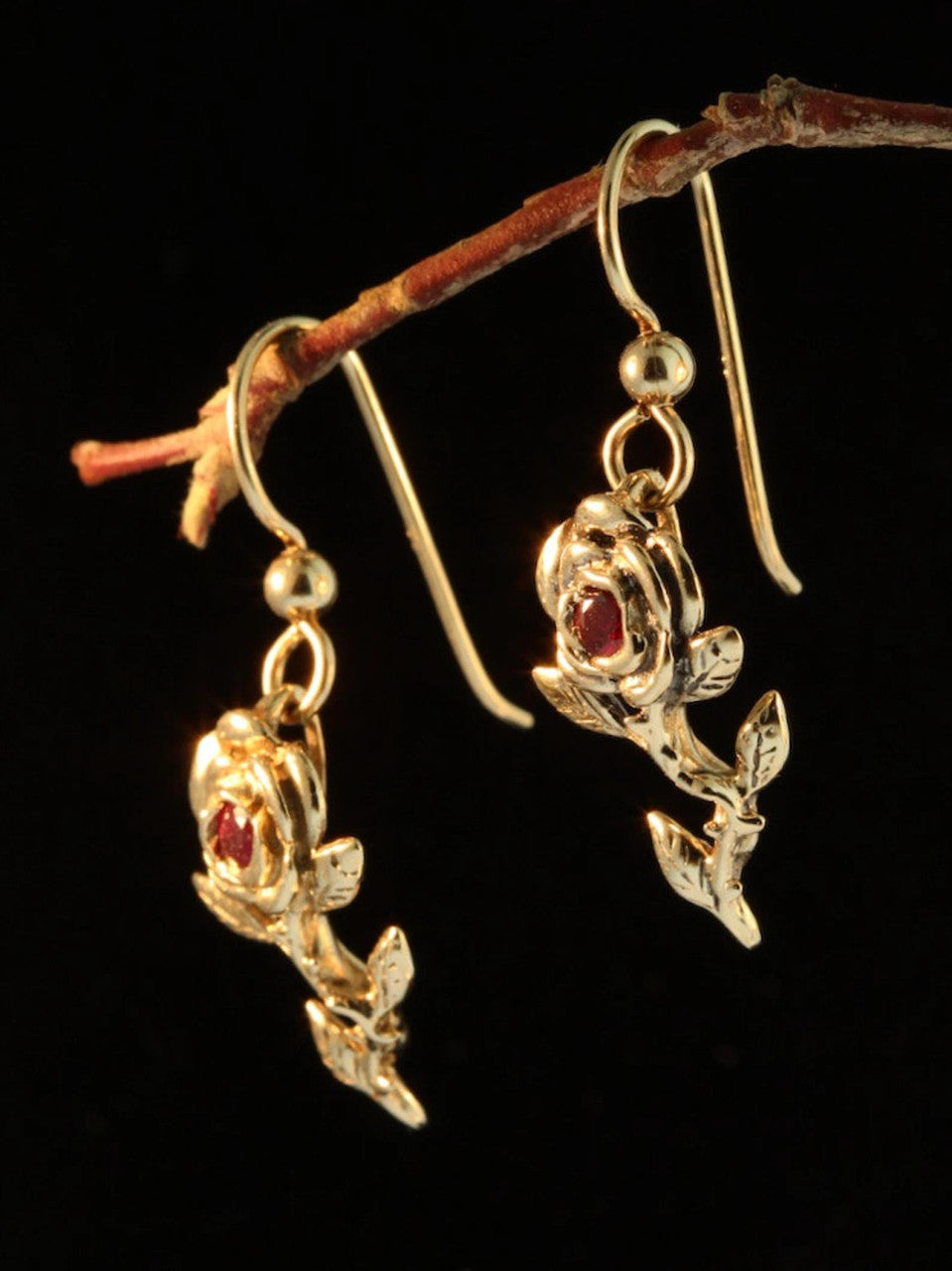 Rose Earrings with Rubies - Solid 14k Gold