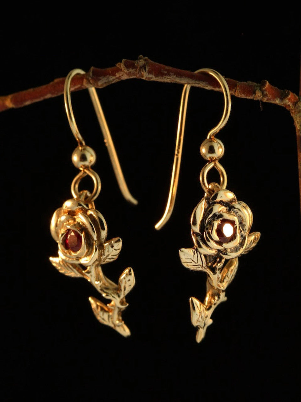 Rose Earrings with Rubies - 14k Gold