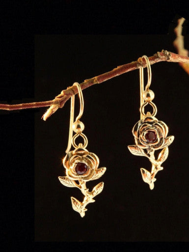 Rose Earrings with Rubies - Solid 14k Gold