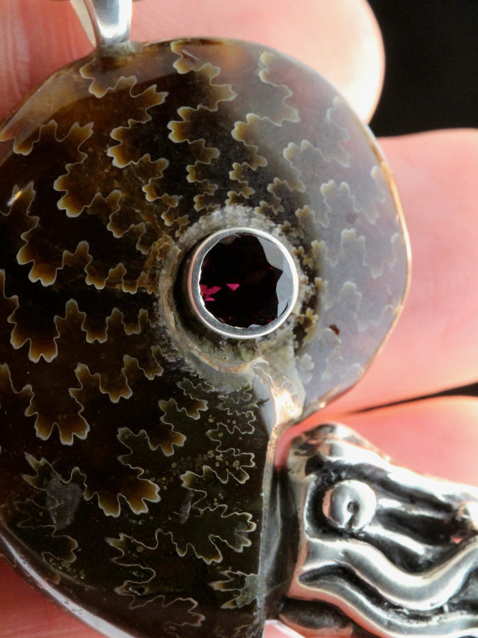 Fossilized Ammonite Nautilus Pendant with Rhodolite Garnet