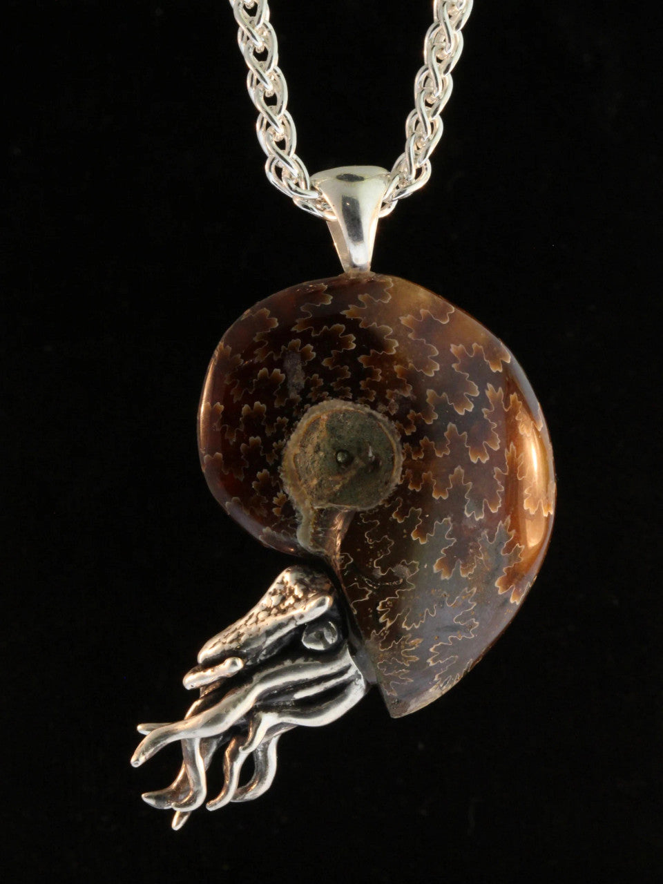 Fossilized Ammonite Nautilus Pendant with Rhodolite Garnet
