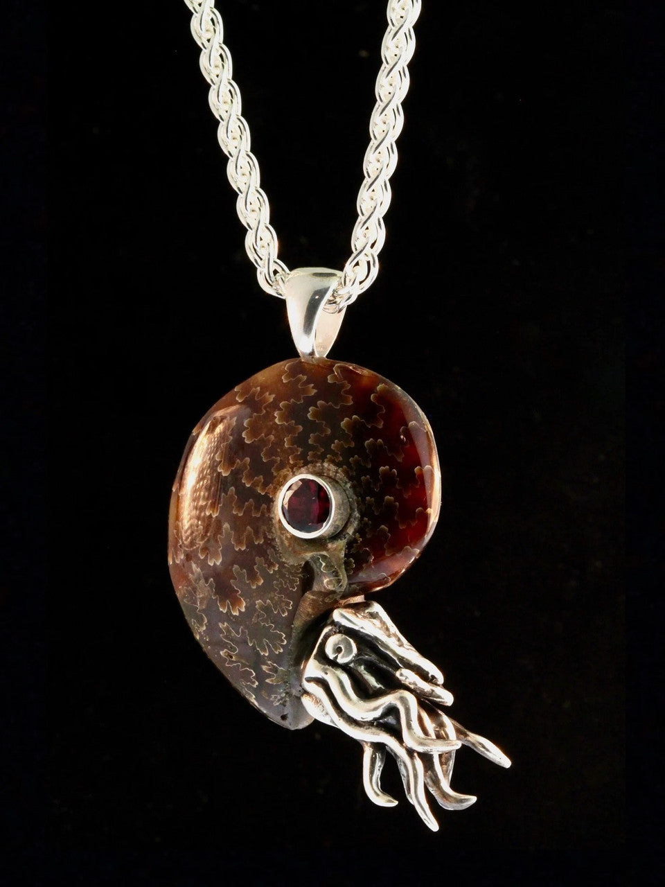 Fossilized Ammonite Nautilus Pendant with Rhodolite Garnet