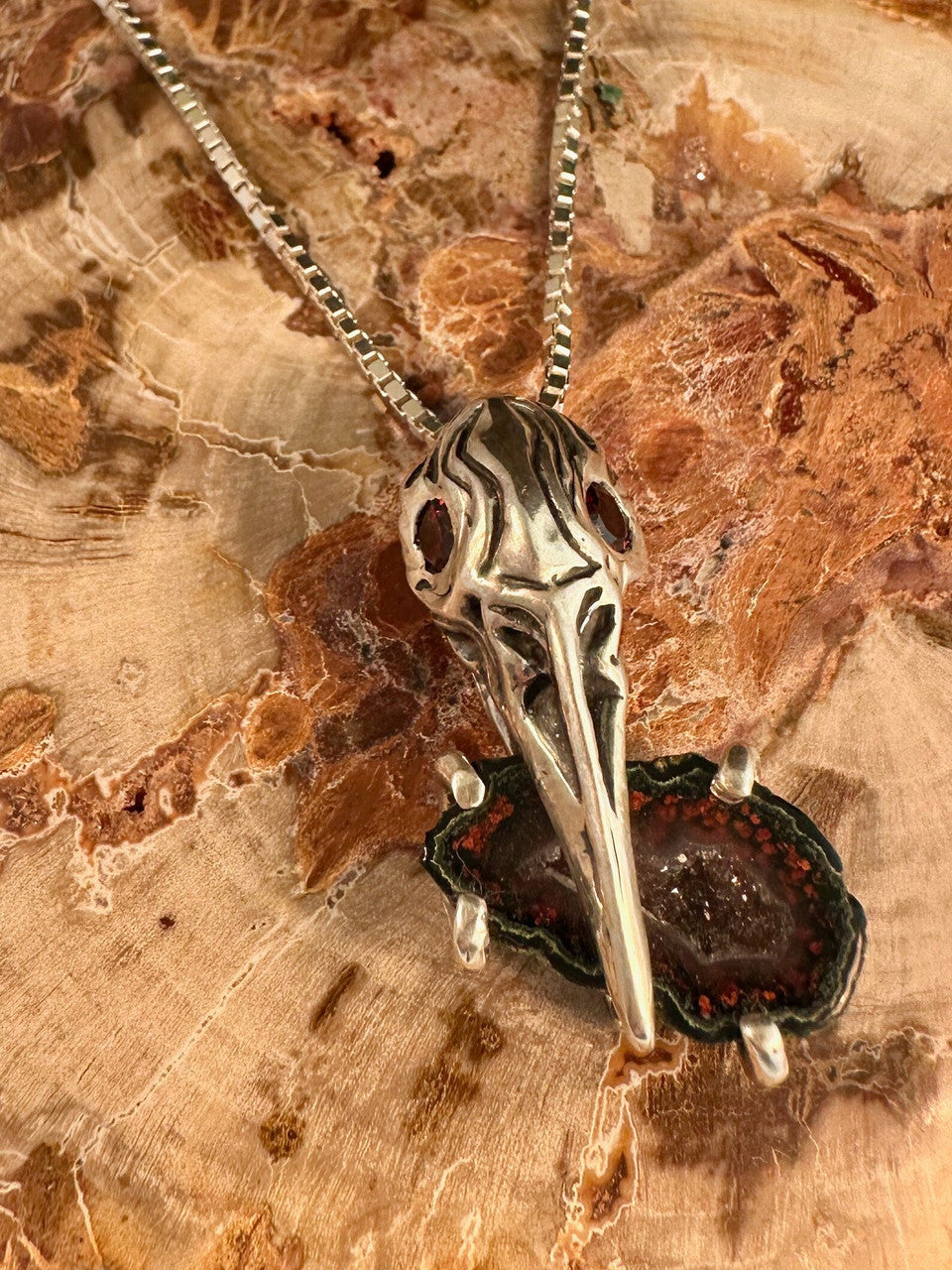 Raven Skull with Geode and Garnet Eyes - Silver