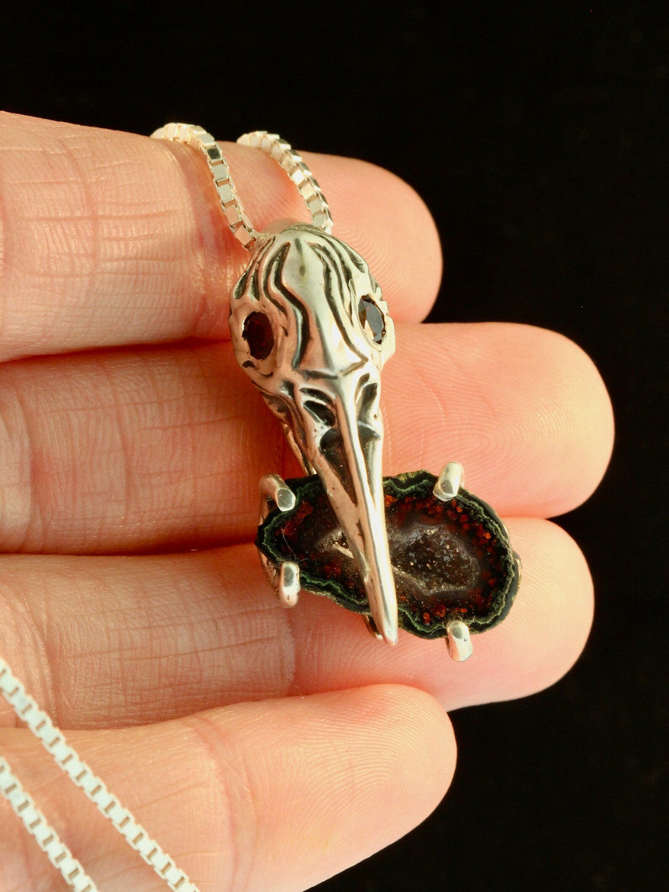 Raven Skull with Geode and Garnet Eyes - Silver