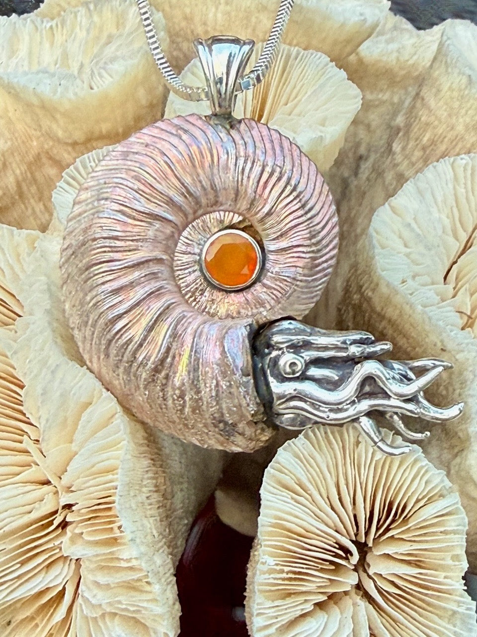 Iridescent Pyritized Ammonite fossil Necklace with Ethiopian Opal - Sterling Silver - Ammonite Nautilus Necklace - Natural Fossil Jewelry - Ocean Gift