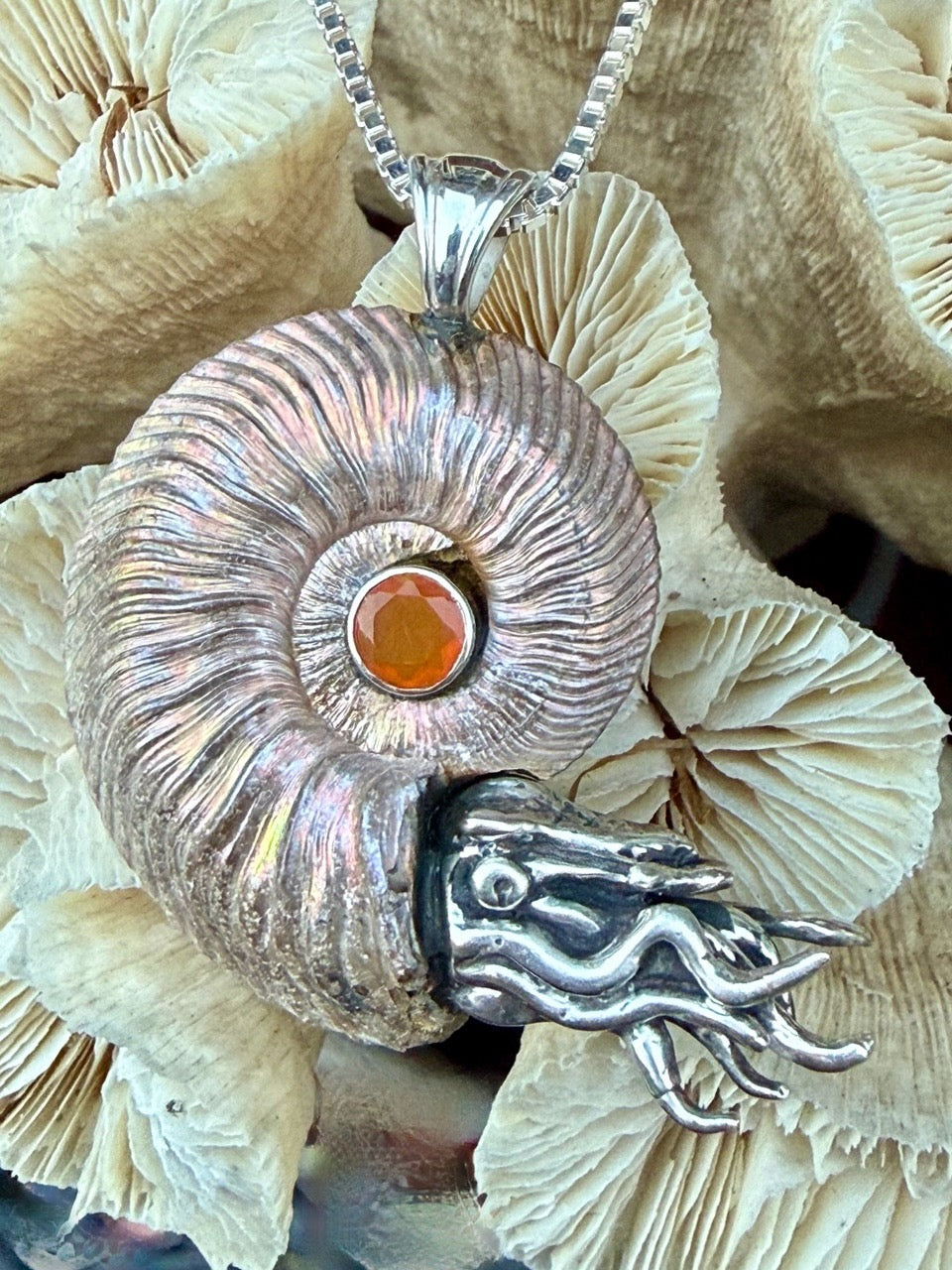 Iridescent Pyritized Ammonite fossil Necklace with Ethiopian Opal - Sterling Silver - Ammonite Nautilus Necklace - Natural Fossil Jewelry - Ocean Gift