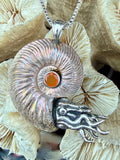 Iridescent Pyritized Ammonite fossil Necklace with Ethiopian Opal - Sterling Silver - Ammonite Nautilus Necklace - Natural Fossil Jewelry - Ocean Gift