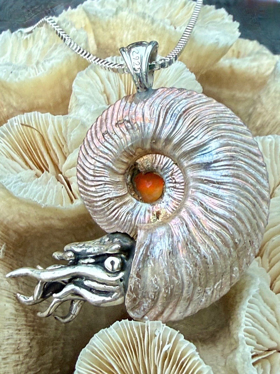 Iridescent Pyritized Ammonite fossil Necklace with Ethiopian Opal - Sterling Silver - Ammonite Nautilus Necklace - Natural Fossil Jewelry - Ocean Gift