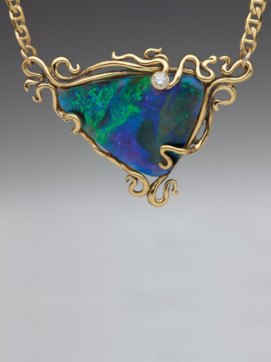 Ocean Reef - Australian Boulder Opal and diamond - 18K with 14K gold chain