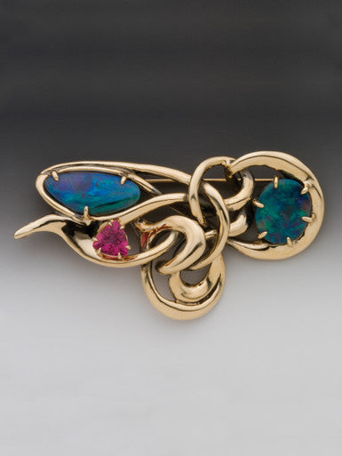 Nouveau Abstract Pendant - Boulder Opal and Pink Tourmaline - 14K Gold