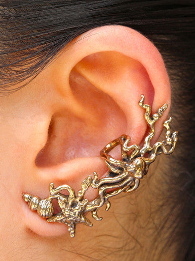 Poseidon's Gift - Octopus and Sea Star Ear Cuff - Bronze