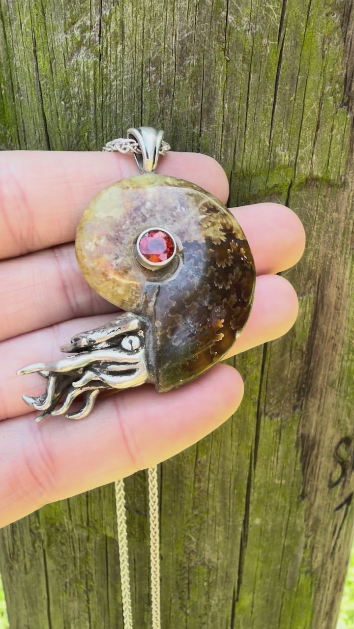 Fossilized Ammonite Nautilus Necklace Mexican Fire Opal - Sterling Silver