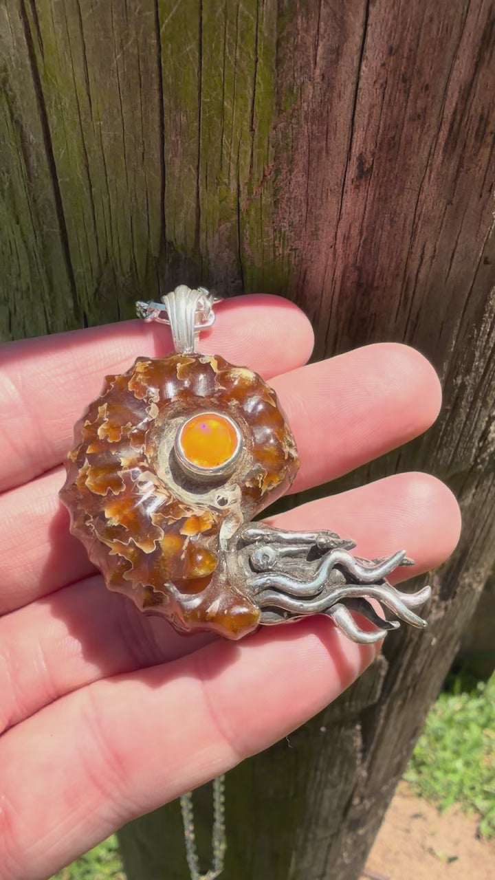 Spiky Fossilized Ammonite Nautilus Necklace with Ethiopian Fire Opal - Sterling Silver