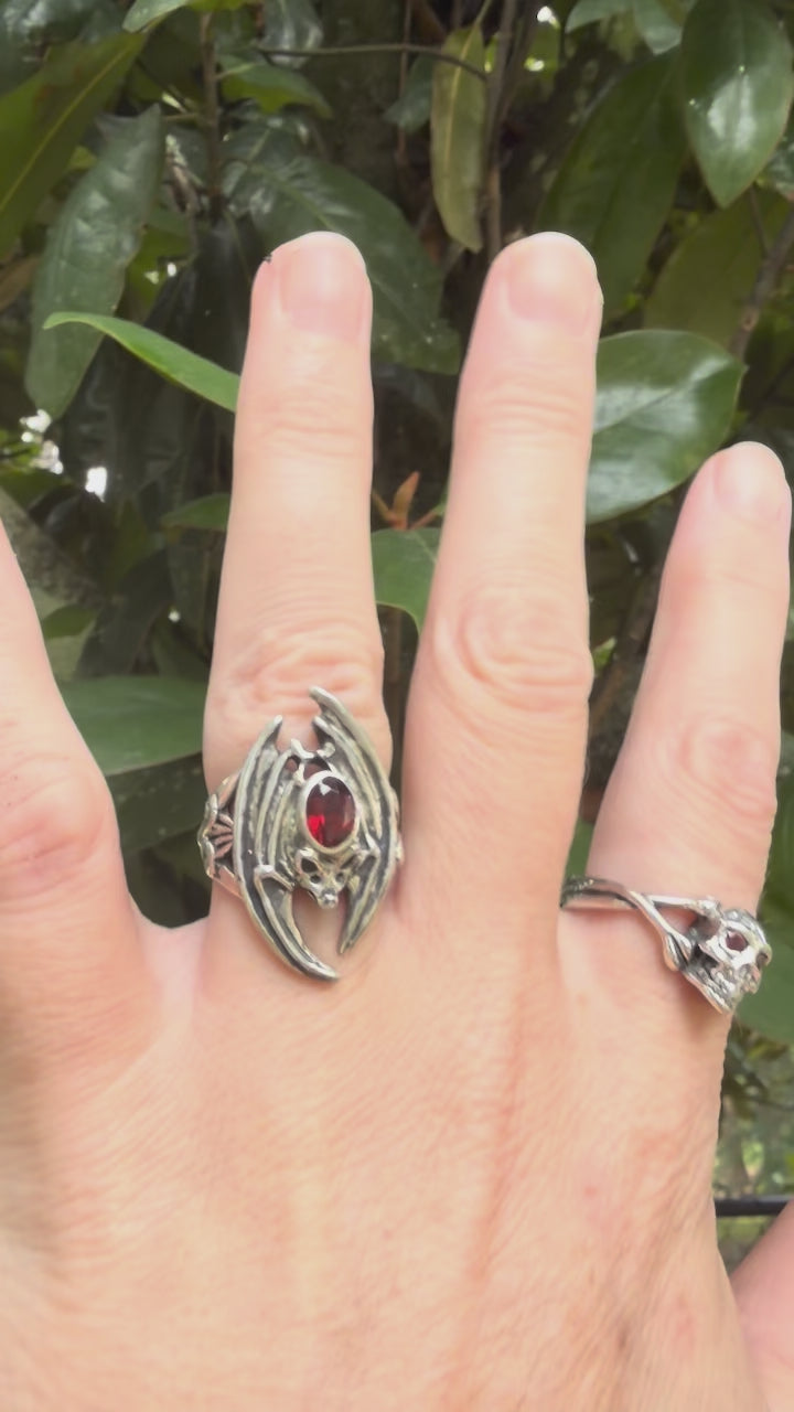 Medium Skull and Crossbones Ring with Gemstones - Sterling Silver