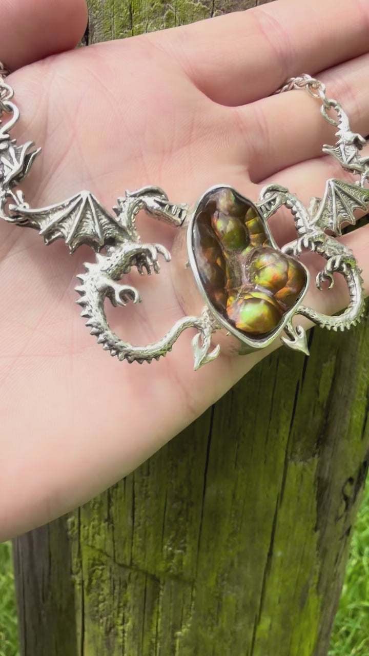 Spike Dragon Neckpiece with Arizona Fire Agate - Sterling Silver
