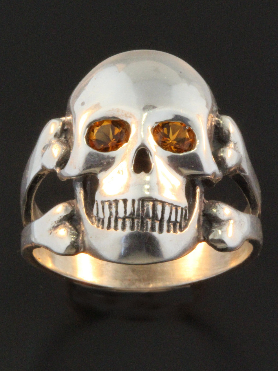 Large Skull and Crossbones Ring with Yellow Citrine Eyes - Silver