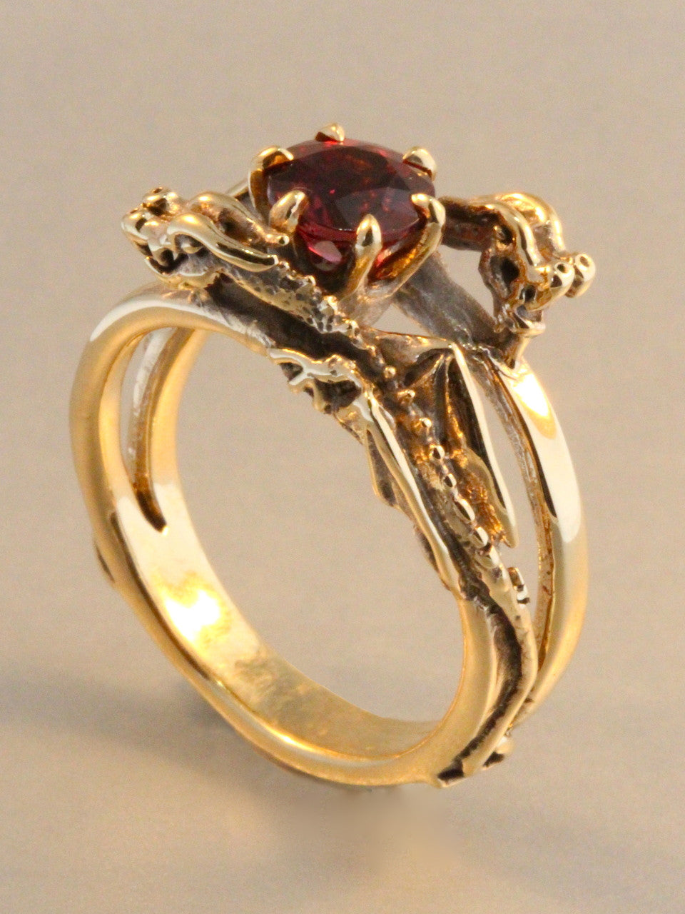 Double Dragon Eternity Ring 14k Gold with 1 ct Rhodolite Garnet
