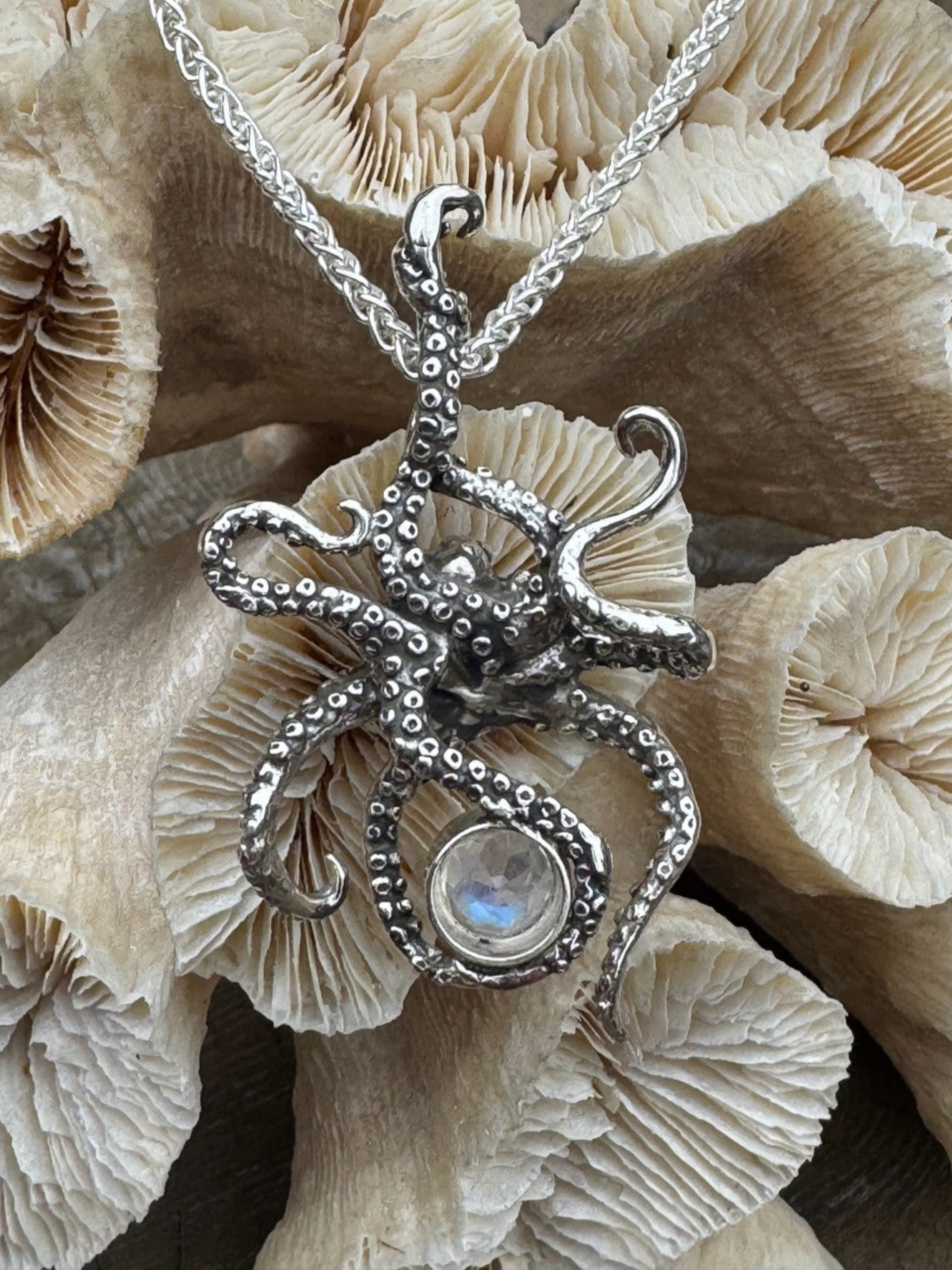 Riptide Octopus Pendant with 8mm Gemstone - Sterling Silver