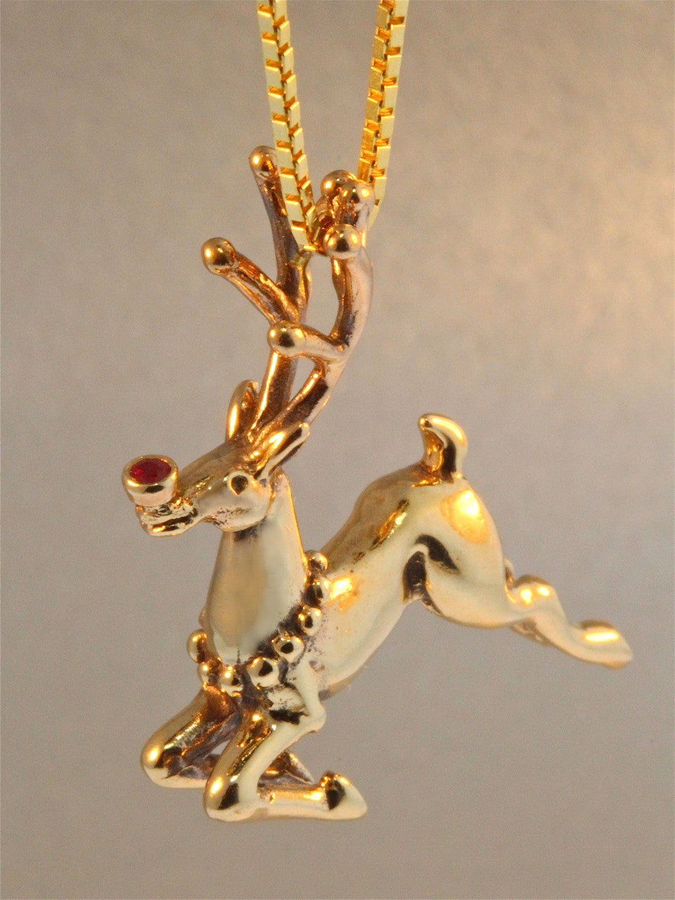 Rudolph Reindeer Charm - 14k Gold with Ruby