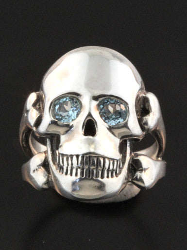 Large Skull and Crossbones Ring - Gemstone Eyes - Sterling Silver
