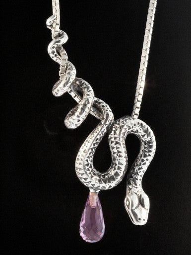Python Snake Pendant with Gemstone Briolette - Silver