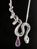 Python Snake Pendant with Gemstone Briolette - Silver