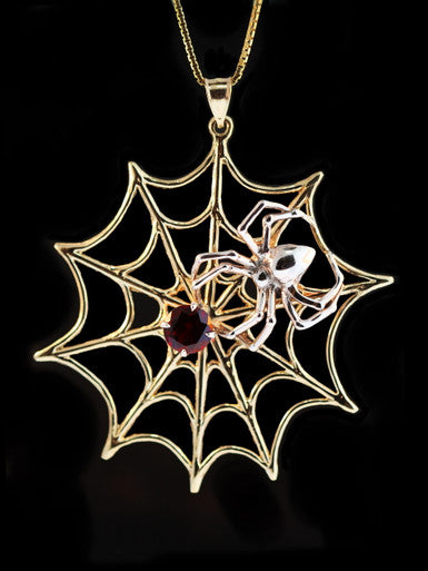 Large Gold Spider Web Pendant with Silver Spider and Garnet - 14k Gold