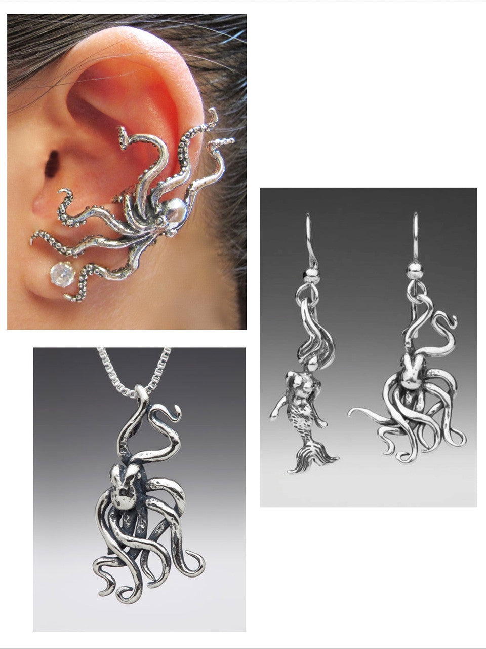 Octopus and Mermaid Jewelry Set - Octopus Ear Cuff - Octopus Mermaid Earrings - Octopus Charm Necklace - Silver