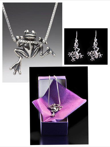 Tree Frog Jewelry Set - Tree Frog Charm Necklace and Jungle Jewel Tree Frog Earrings - Sterling Silver